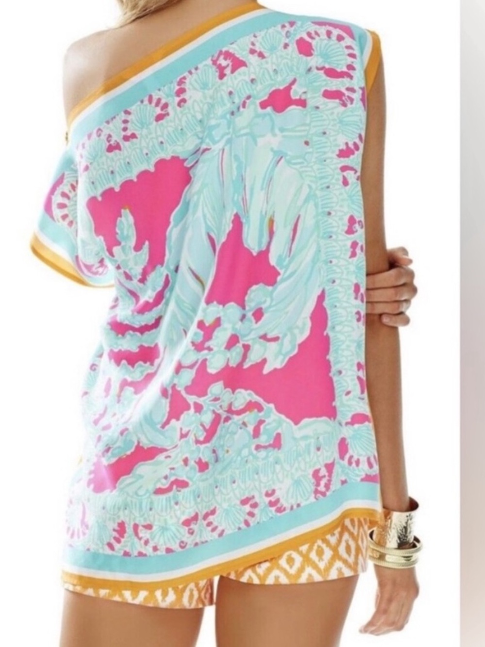 Lilly Pulitzer Julia Caftan Silk Turquoise Scarf Top Blouse